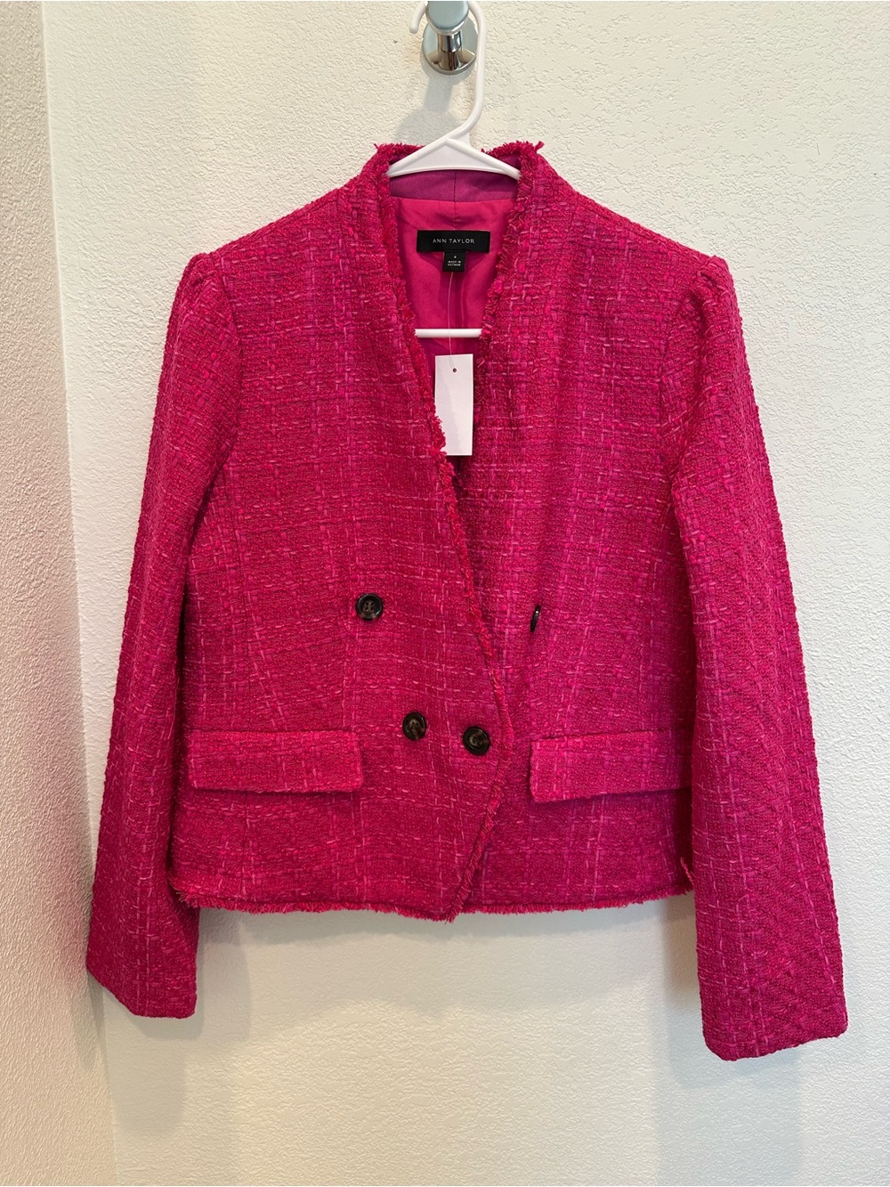 Ann Taylor Fuchsia Tweed Jacket Fringe Trim Double Breasted NWT